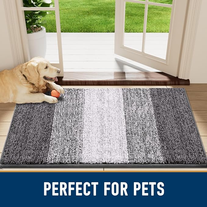 Smiry Dog Door Mat for Muddy Paws, Absorbs Moisture and Dirt, Low-Profile Entryway Mat with Non-Slip Backing, Entry Indoor Outdoor Doormat for Inside Floor (71x47 Inches, Light Grey, Striped)