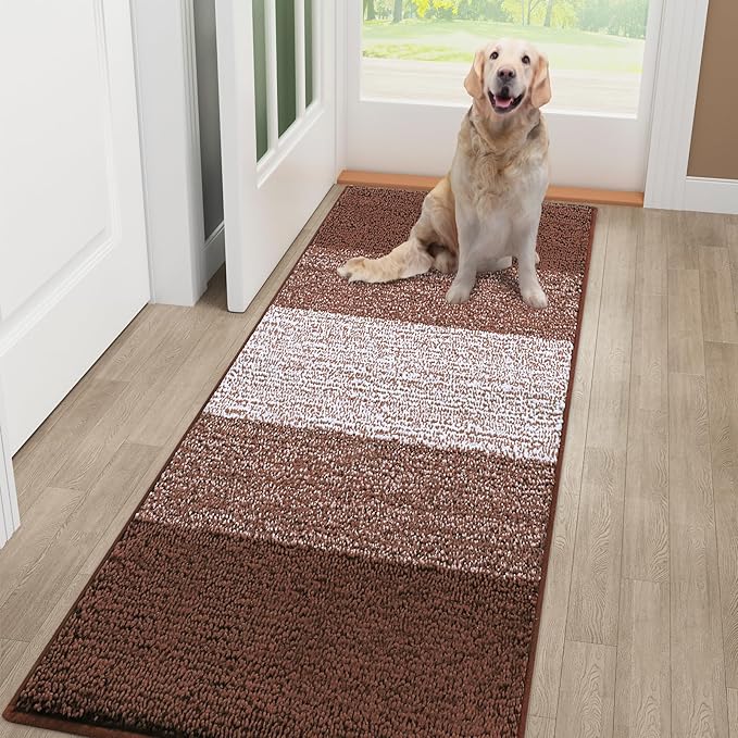 Smiry Dog Door Mat for Muddy Paws, Absorbs Moisture and Dirt, Low-Profile Entryway Mat with Non-Slip Backing, Entry Indoor Outdoor Doormat for Inside Floor (48x32 Inches, Brown, Striped)