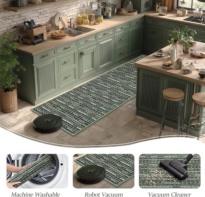 Kitchen Rugs Sets of 2-Non Slip Kitchen Mats for Floor-Thick Stain Resistant Vintage Kitchen Floor Mat Runner Carpet for Hallways Entryway Laundry Room Washable（Green 22"x59"+20"x32"）