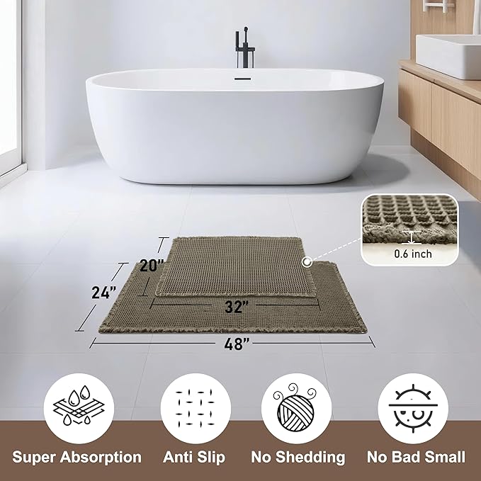 JIUZHEN Set of 2 Waffle Bath Mats Non Slip Waffle Bathroom Runner Rug Washable Boho Runner Bath Rugs Super Absorbent Shower Mat for Bathroom Kitchen Hallway Laundry, 20" x 32" +24" x 48", Olive Green