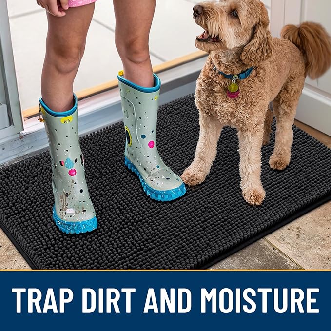 Smiry Dog Door Mat for Muddy Paws 70x24, Absorbent Dirt Trapper, Non-Slip Washable Chenille Entryway Rug for Inside Floor, Black, Classic Solid