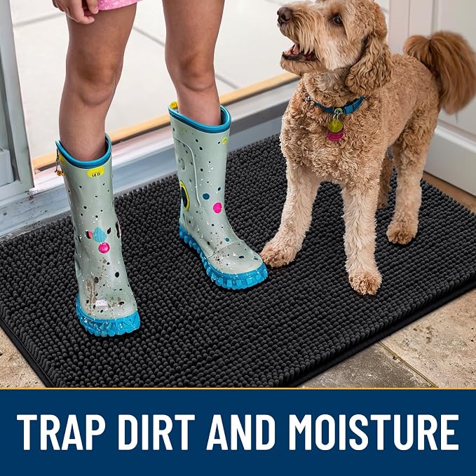Smiry Dog Door Mat for Muddy Paws 59x24, Absorbent Dirt Trapper, Non-Slip Washable Chenille Entryway Rug for Inside Floor, Black, Classic Solid