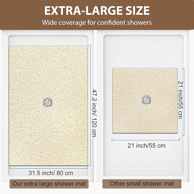 Extra Large Non Slip Shower Mat: 47.2x31.5 inch Loofah Shower Mat for Inside Shower with Drain Hole in Middle, Soft PVC Anti-Slip Shower Stall Mats for Bathroom,Wet Area, Quick Drying