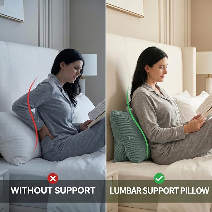 Pat. Pend. Corduroy Lumbar Support Pillow for Sitting and Posture Support, Triangle Cushion for Bed, Sofa or Couch, Reading Back Pillow with Removable Washable Cover, Peacock Blue