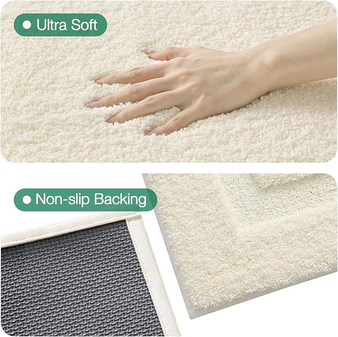 LUMI Ultra Soft Bathroom Rugs Non Slip with Rubber Backing, Absorbent Washable Bath Mat Quick Dry, Upgraded Premium Microfiber Plush Carpet for Bathtub and Shower Floor, Ivory White, 24x60