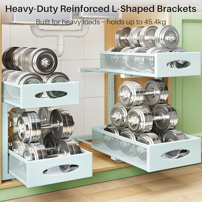 2 Pack Under Sink Organizer, 2 Tier Pull out Cabinet Organizer Mesh Baskets with 5 Adjustable Heights, Sliding Drawers Storage Shelf for Home, Kitchen, Bathroom, Pantry, Office, Countertop ,Blue