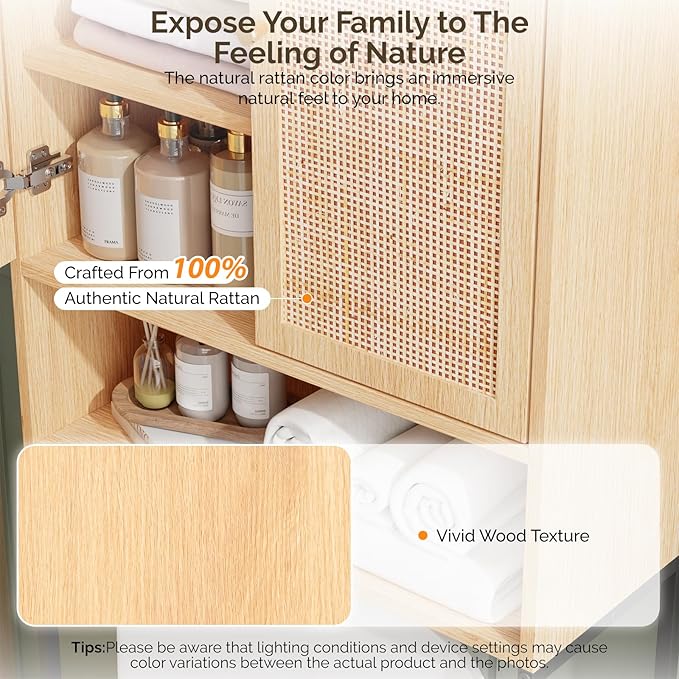 VINGLI Over The Toilet Storage Cabinet, Rattan Bathroom Organizer Behind Toilet,Above Metal Stand Rack Tall Freestanding Wood Cabinet with Wicker Doors,Adjustable Shelf for Bathroom,Restroom,Bohemian