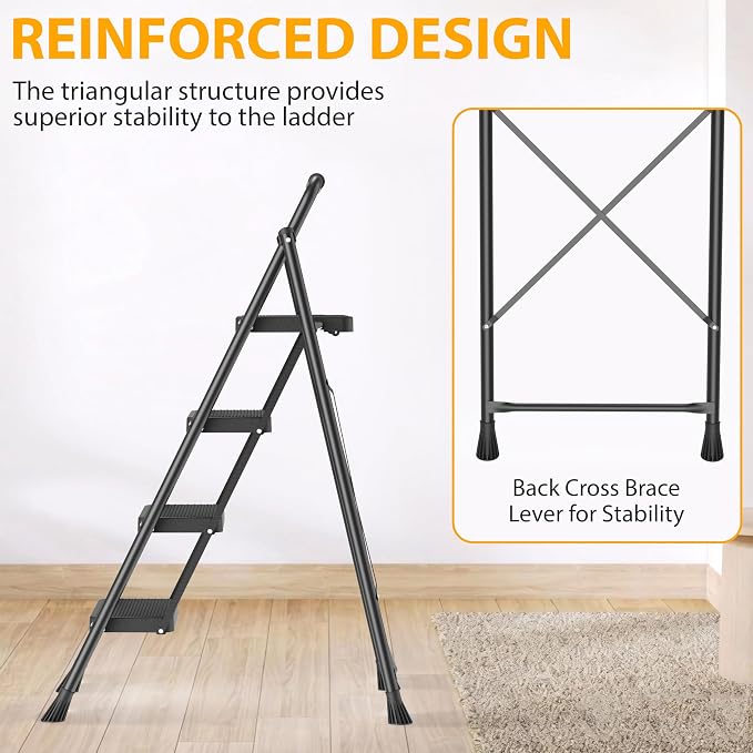 Step Ladder, Portable Steel Folding Step Stool with Wide Anti-Slip Pedal & Convenient Handgrip, Sturdy Steel Ladder, 4-Step, Black