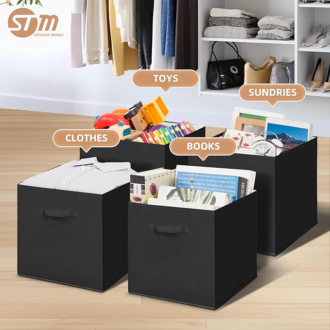 STORAGE MANIAC Storage Cubes, 13 Inch Collapsible Storage Bins with Handles, 10 Pack Fabric Foldable Bins for Organization, Durable Storage Bins for Closet, Shelves, Offices, 10-Pack Black