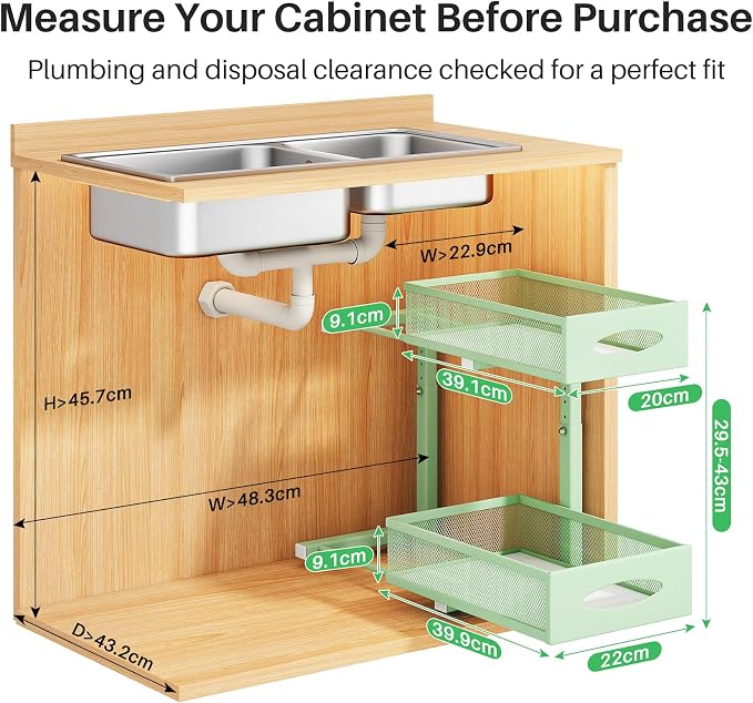 2 Pack Under Sink Organizer, 2 Tier Pull out Cabinet Organizer Mesh Baskets with 5 Adjustable Heights, Sliding Drawers Storage Shelf for Home, Kitchen, Bathroom, Pantry, Office, Countertop ,Green