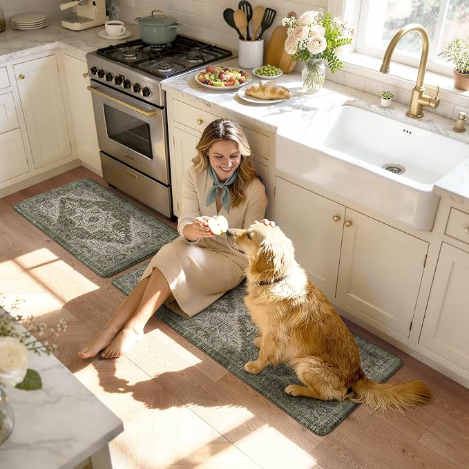 KIMODE Anti Fatigue Mats for Kitchen Floor, Green Distressed Kitchen Rugs Sets of 2, Spring Memory Foam Kitchen Mats for Floor, Waterproof Standing Mats for Sink Laundry Office Desk 17"x47"+17"x29"