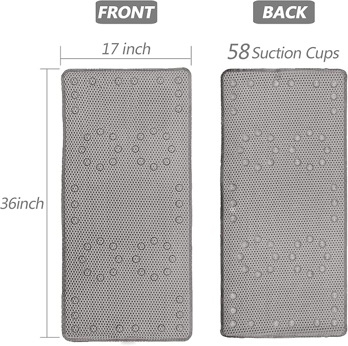 Shower and Bath Mat,Non-Slip Machine Washable and Extra Large Bathtub Mats with Drain Holes and Suction Cups Soft Foam Tub Mats-36” X 17”,Grey
