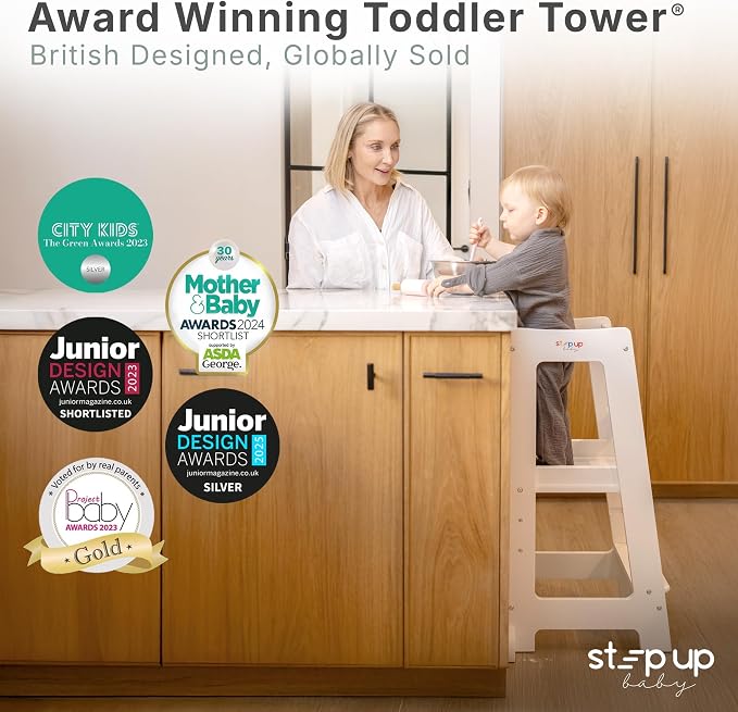 Stepup Baby Toddler Standing Tower - 3 Level Adjustable Wooden Kitchen Step Stool, Bathroom Sink, Kitchen Counter, Kids 18 Months to 4 Years Gift - White