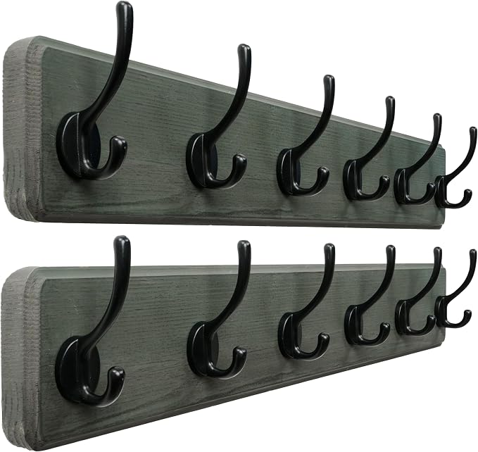 Dseap Coat Rack Wall: 24" Long, Patented, Heavy-Duty, 6-Double-Hooks Wooden Wall Mounted Coat Rack Coat Hanger Hook Rail for Winter Coats Hat Jacket Clothing, Weathered Green, Pack of 2