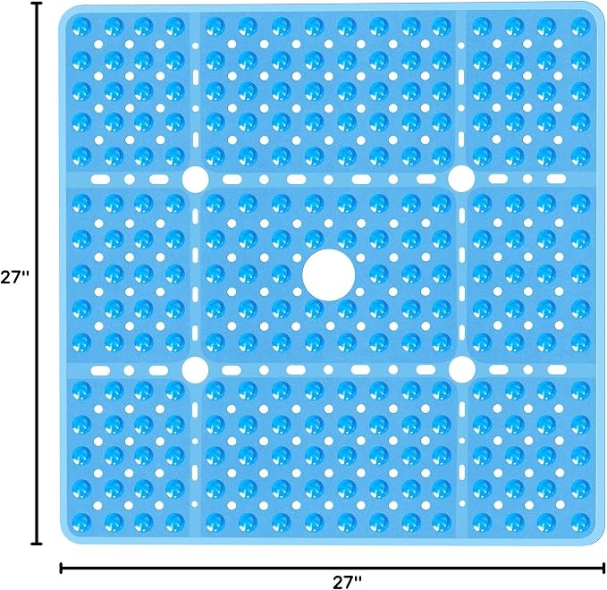 Large Square Shower Mat 27 x 27 Inch Clear Blue, Non Slip Shower Bathtub Mats for Inside Shower with Big Suction Cups Drain Holes, Anti Slip Bathroom Floor Stall Mats, Easy Clean, BPA-Free