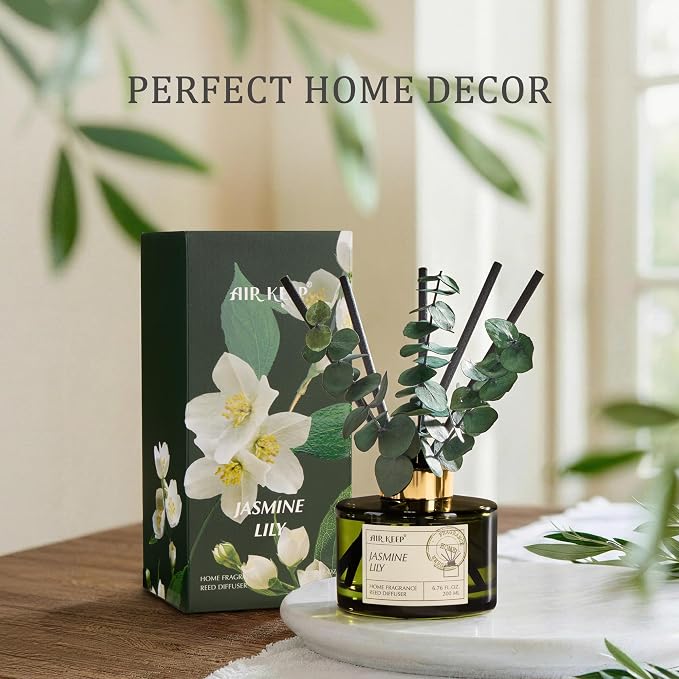 Airkeep Reed Diffuser Set with 6.76 fl oz Jasmine Lily Scent Essential Oils and 3 Leaves & 8 Diffuser Sticks,Bathroom Shelf Decor & Air Freshener, House Bedroom Office Decor & Gifts