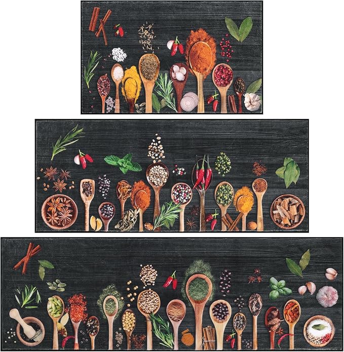 Vaukki Boho Kitchen Rug Sets 3 Pieces, Washable Kitchen Mats for Floor, Non Slip Soft Kitchen Area Rug Floor Mat for Kitchen, Laundry Room and Hallway (Spice-Black, 20''x32''+20''x47''+20''x59'')