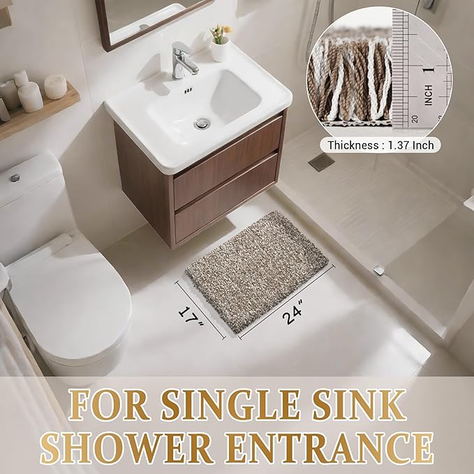 Yimobra Bathroom Rugs Non Slip Washable, Ultra Soft and Water Absorbent Bath Mats, Plush Fluffy Shower Mat Outside, Microfiber Thick Matts for Bathroom Floor/Sink, 24X17, Light Brown and White