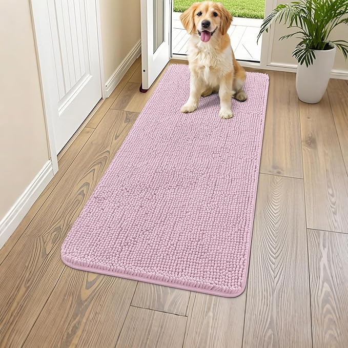 Smiry Dog Door Mat for Muddy Paws 47x24, Absorbent Dirt Trapper, Non-Slip Washable Chenille Entryway Rug for Inside Floor, Dusty Rose, Classic Solid