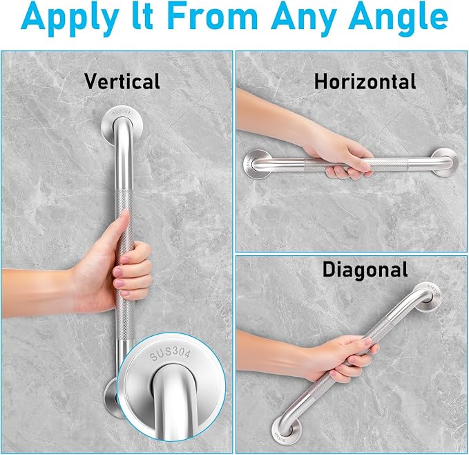 2-Pack Shower Grab Bars & Bathtub Safety Handles - 304 Stainless Steel Textured Non-Slip Assist Rails for Seniors & Mobility Support - Anti-Fall Bathroom Support for Tub, Shower & Toilet Area, 16 Inch