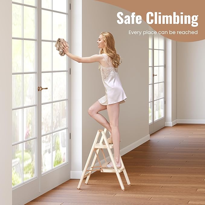 2 Step Ladder, 2 Step Stool for Adults, Folding Step Ladder with Secure Footing, Widened Pedal, Aesthetically Pleasing Looking, Blends Right into Domestic Rooms, Cream Chocolate