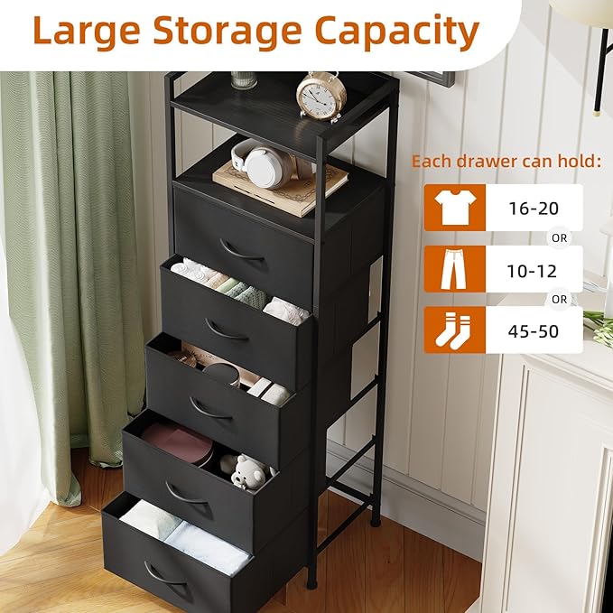 Somdot Tall Dresser for Bedroom, 5 Drawers Nightstand Vertical Storage Tower Unit, Night Stand Furniture with Fabric Drawer Organizer in Bedside Hallway, Entryway, Kids Room, Closet, Black