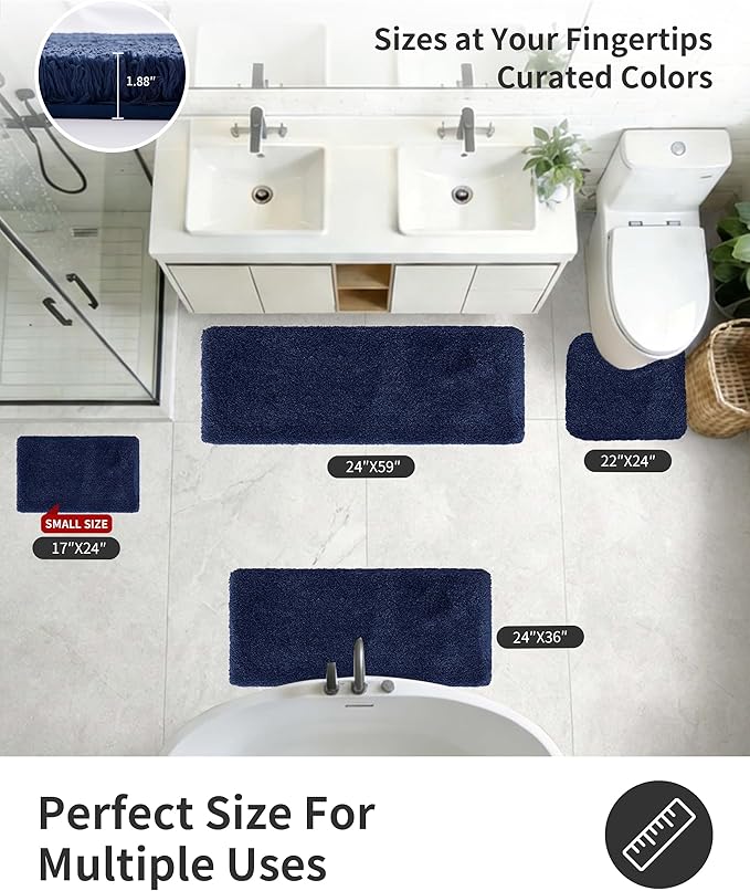 ILANGO Navy Blue Bathroom Rugs 36" × 24" Non Slip & Super Absorbent Extra Thick Soft, Washable Bath Mat for Floor, Microfiber Plush Shaggy Bath Rug with Rubber for Bathtub Shower Room Sink