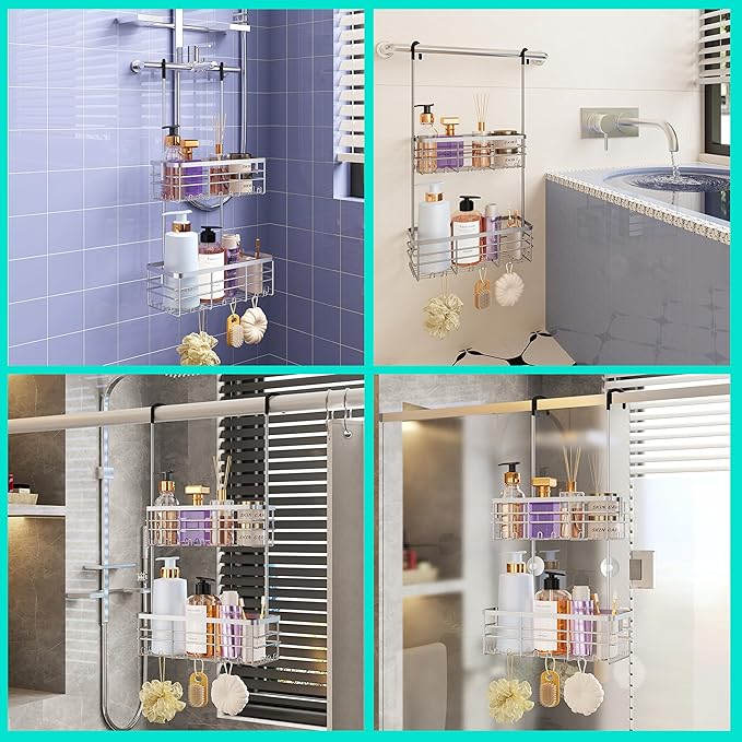 HapiRm Hanging Shower Caddy Organizer - No Drilling Shower Organizer with Hooks, Rustproof & Waterproof 304 Stainless Steel Bathroom Shelves - Silver