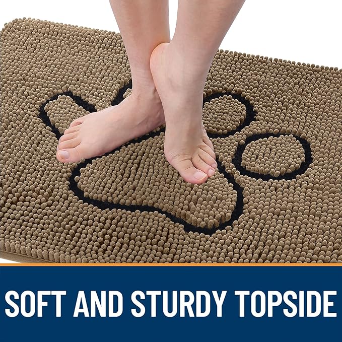 OLANLY Dog Door Mat for Muddy Paws 30x20, Paw Print Design, Absorbs Moisture and Dirt, Absorbent Non-Slip Washable Doormat, Quick Dry Chenille Mud Mat for Dogs, Entry Indoor Entryway Carpet, Tan
