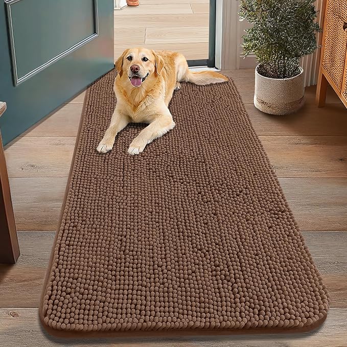 Smiry Dog Door Mat for Muddy Paws 48x30, Absorbent Dirt Trapper, Non-Slip Washable Chenille Entryway Rug for Inside Floor, Mocha, Classic Solid