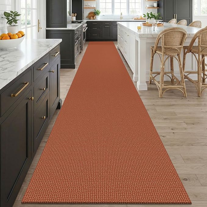 KOZYFLY Orange 3x20 Runners Rugs for Hallway, Extra Long Washable Runner Rug, Woven Non Slip Kitchen Runner, Cotton Entryway Rug, Floor Carpet for Entry, Aisle, Hall, Burnt Orange/Tan