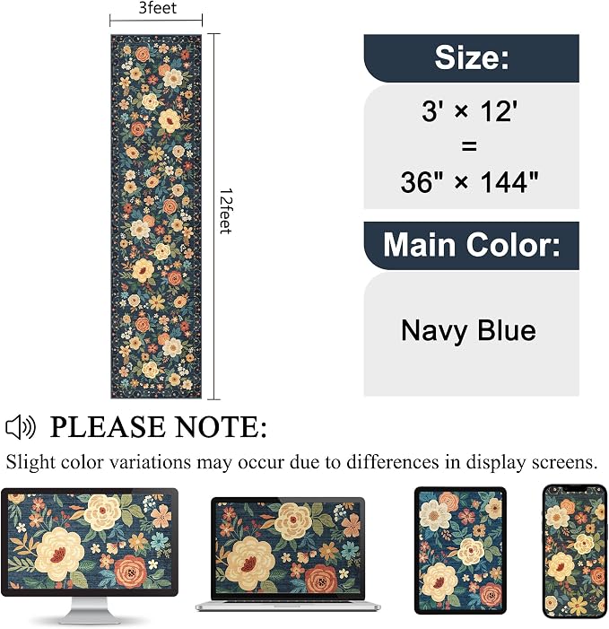 DUKINO 3x12 Washable Runner Rug, Non Slip Soft Floral Hallway Runner Rug with Non Shedding Design, Low Pile Loog Floor Carpet for Kitchen, Hallway, Bathroom, Entryway, Laundry, Navy Blue