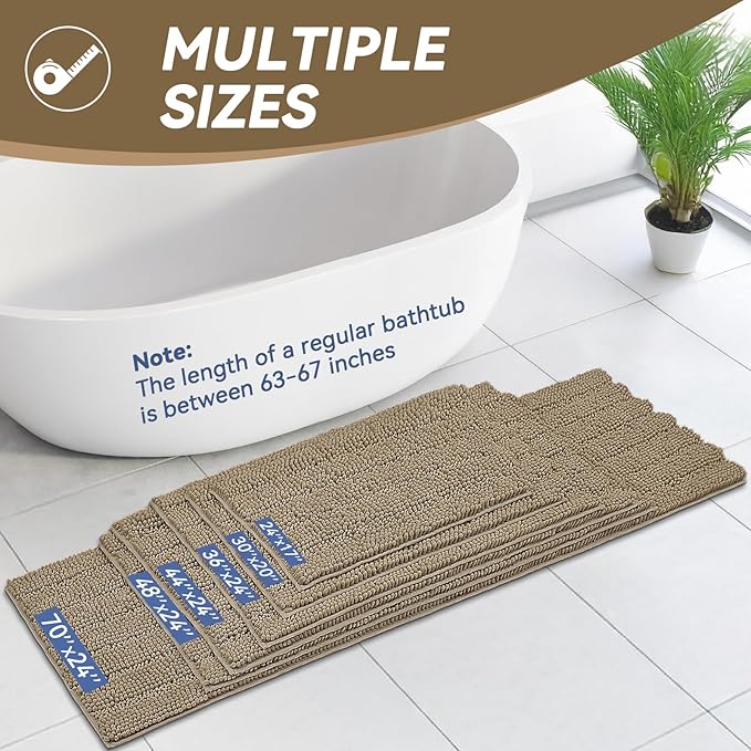 Bcoimo Long Bathroom Rug, Chenille Bath Runner with High Low Pile Design, Soft Absorbent Non Slip Bath Mat, Machine Washable Quick Dry Rug for Shower, Tub, Sink and Vanity