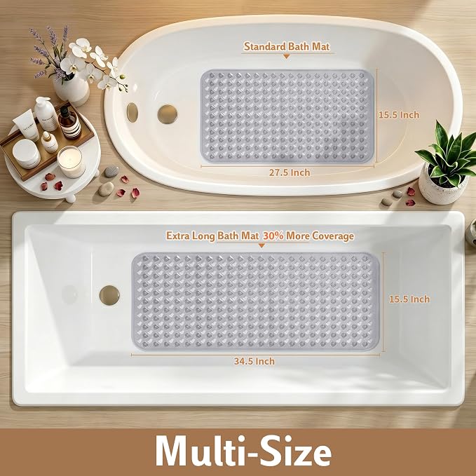 Yimobra Bathtub Mat Non Slip, Shower Mat with Strong Suction Cups & Drain Holes, 28"X16", Anti Slip Bath Tub Mat for Inside Shower, Machine Washable Fast Drying, Bathroom Essentials, Clear Gray