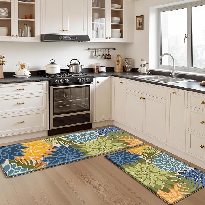 Arenarug Kitchen Mats for Floor 2PCS Cushioned Anti Fatigue Kitchen Mats Waterproof Non Slip Kitchen Mat Rug Set Comfort Foam Standing Mat for Sink, Laundry, Office, Yellow Green