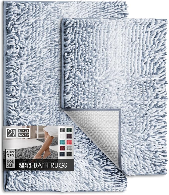 Hearth & Harbor Bathroom Rugs, Chenille Bath Mat - Machine Washable Bath Mats for Bathroom Non-Slip Backing Rubber, Quick Dry Bathroom Mat, 17 x 24 + 20 x 32 - Ombre Blue