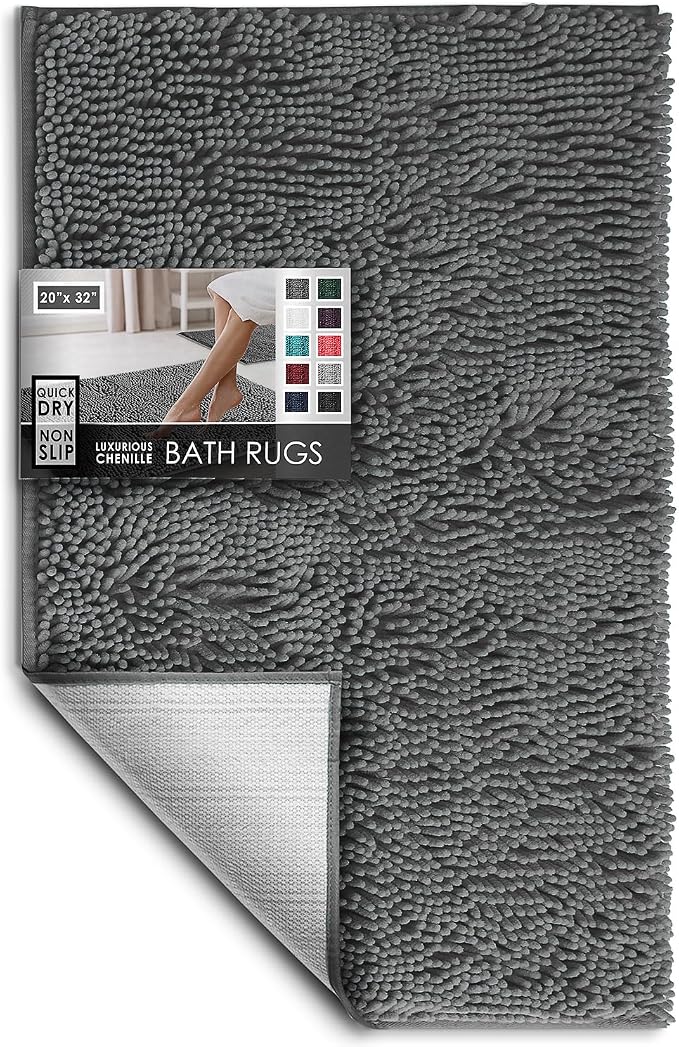 Hearth & Harbor Bathroom Rugs, Chenille Bath Mat - Machine Washable Bath Mats for Bathroom Non-Slip Backing Rubber, Quick Dry Bathroom Mat