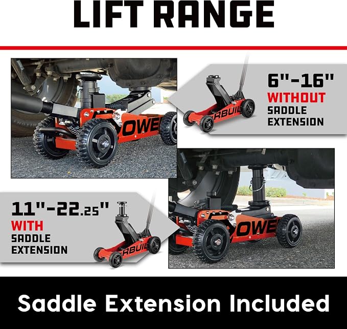 Powerbuilt 2.5 Ton Big Wheel Off Road Jack, Vehicle Lift for Trucks, SUVs, ATVs Offroad Vehicles, Oversized Wheels for Rugged Terrain, 5000 LB Capacity, Orange 620703ECE