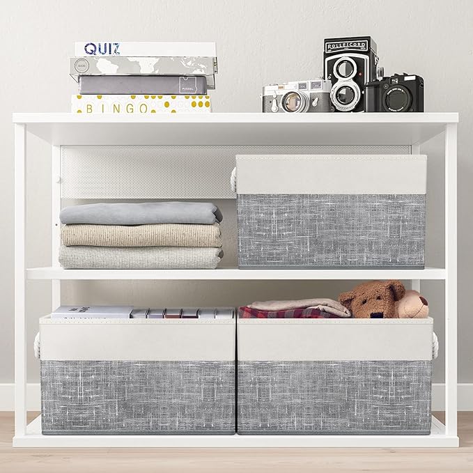 Fab totes Storage Bins 3-Pack, Foldable Storage Baskets for Organizing Toys, Books, Shelves, Closet, Large Storage Box with Rope Handles, Sturdy Organizer Bins, White & Grey
