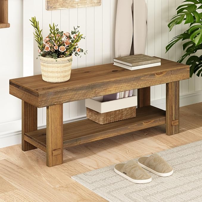 HOKYHOKY Solid Wood Entryway Bench - 42.6" Farmhouse Long Storage Benches, Narrow Bench Seat for Indoor, Entryway, Dining Room, Living Room, Bedroom and Hallway, Rustic Natural