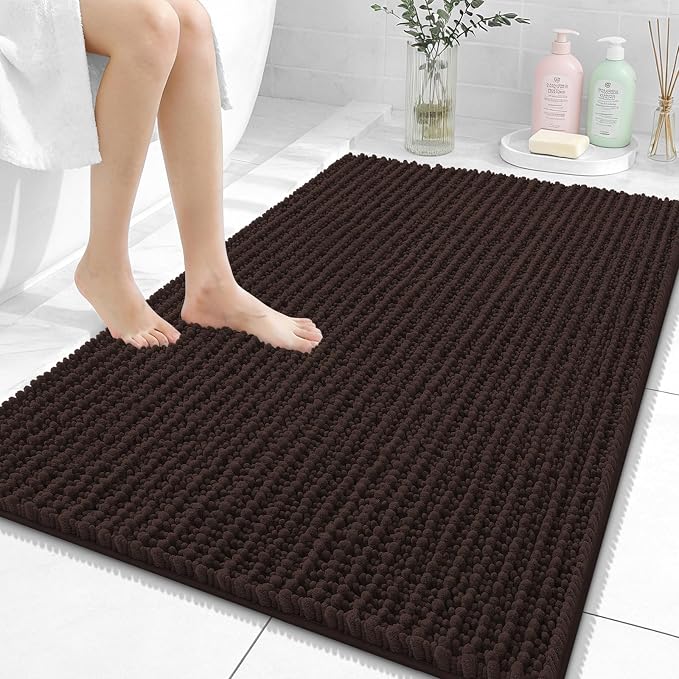 OLANLY Bathroom Rug Mat 40x32, Thick Soft and Absorbent Chenille Bath Mat, Non-Slip Rubber Backing, Machine Washable Quick Dry Bath Rugs for Tub Shower Floor, Home Decor Accessories, Brown