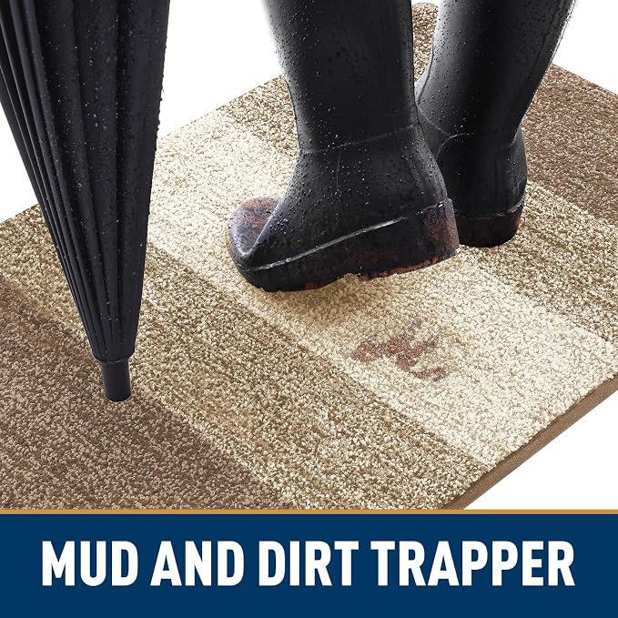 Smiry Dog Door Mat for Muddy Paws, Absorbs Moisture and Dirt, Low-Profile Entryway Mat with Non-Slip Backing, Entry Indoor Outdoor Doormat for Inside Floor (30x20 Inches, Khaki, Striped)