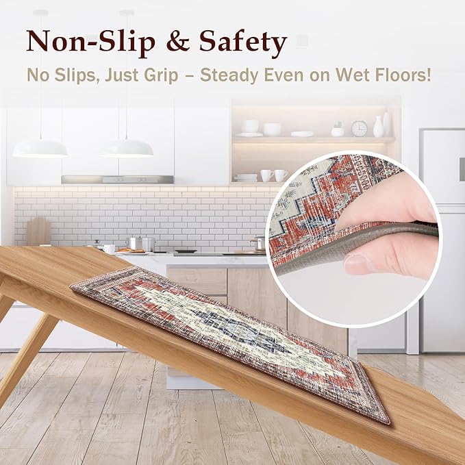 Boho Kitchen Mats for Floor 2 Piece Set Anti Fatigue Cushioned PVC Kitchen Rugs Non Slip Waterproof Farmhouse Mats 2/5 Inch Comfort Standing Mat for Sink, Laundry, 17.3"x47"+17.3"x28", Taupe Red