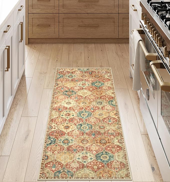 Lahome Moroccan Trellis Hallway Rug, 2x5 Washable Runner Rug Non Slip Kitchen Runners for Hallways, Ultra-Thin Vintage Carpet for Bedroom Bathroom Entryway Elise, Red/Orange