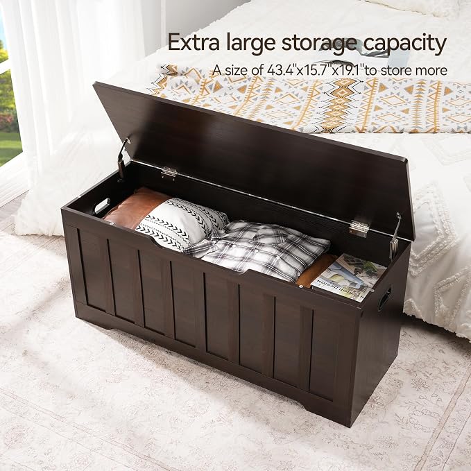 VANKILEY 43.3" Storage Chest Extra Large,Storage Trunk with 2 Safety Hinges,Wooden Storage Bench,Shoe Bench,43.3x15.7x19.1 Inch,Easy Assembly,Storage Bench for Bedroom,Living Room,entryway(Espresso).