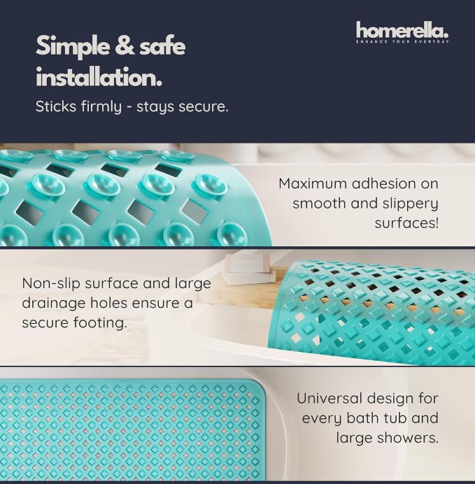 Bathtub Mat Non Slip 35x16 - homerella® Bath Mat Incl. Hooks for Drying, Extra Long, 100% BPA Free, Shower Mat Non Slip Anti Mold, Machine Washable, Shower Mats for Inside Shower Mildew Resistant