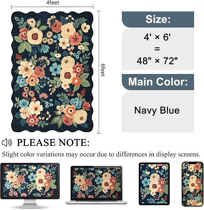 DUKINO 4x6 Area Rug, Floral Non-Slip Indoor Washable Rug with Low Pile & Non-Shedding, Lightwight Boho Design Carpet for Entryway, Bedroom, Kids Room, Living Room, Kitchen, Navy Blue