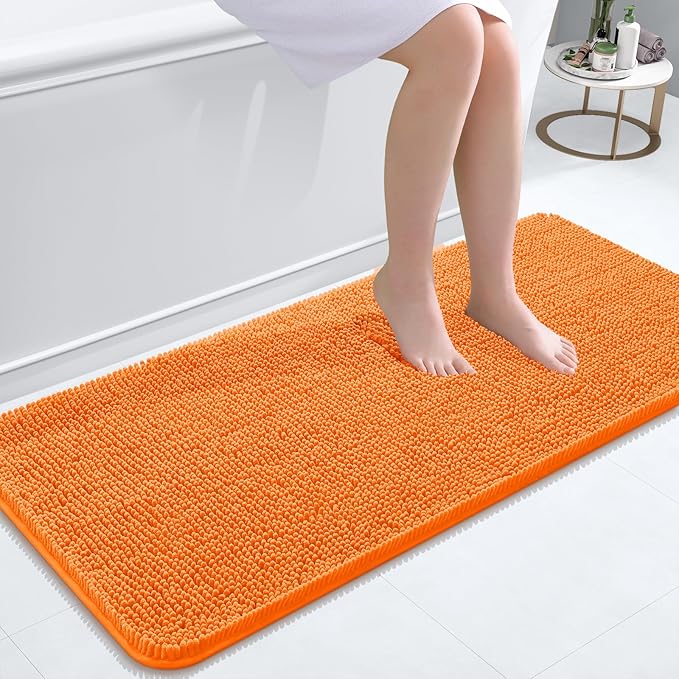 OLANLY Bathroom Runner Rugs 47x20, Extra Soft Absorbent Chenille Bath Rugs, Rubber Backing Quick Dry, Machine Washable Long Bath Mats for Bathroom Floor, Tub and Shower, Home Decor Accessories, Orange
