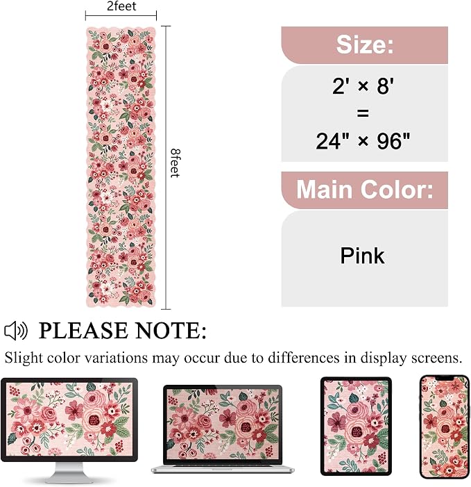 DUKINO 2x8 Washable Runner Rug, Lightweight Soft Floral Hallway Rug Runner with Low Pile Design, Non Shedding & Non Slip Backing Thin Indoor Carpet for Bedroom, Bathroom, Entrance, Kitchen, Pink