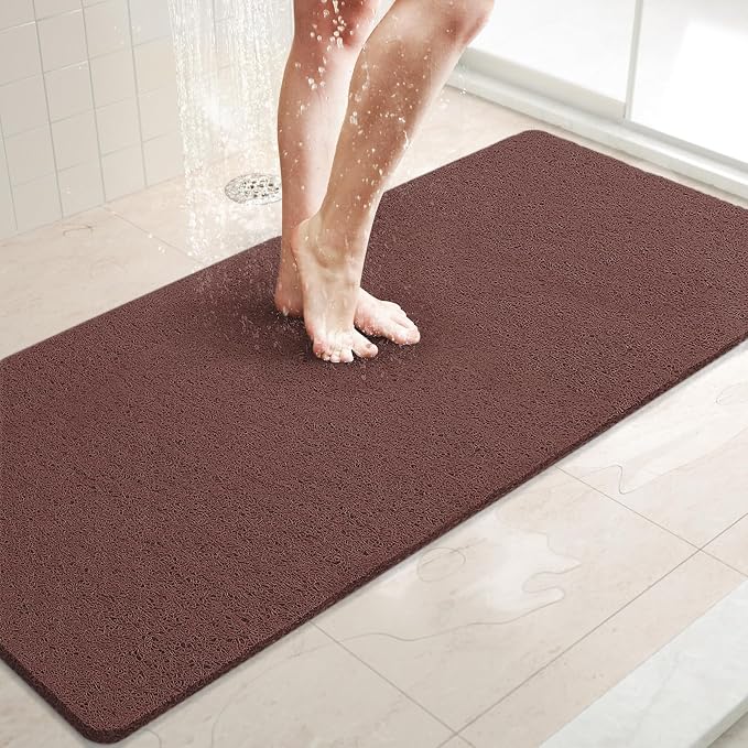 LuxStep Shower Mat Bathtub Mat,47x16 inch, Non-Slip Bath Mat with Drain, Quick Drying PVC Loofah Bathmat for Tub,Shower,Bathroom,Reddish Brown